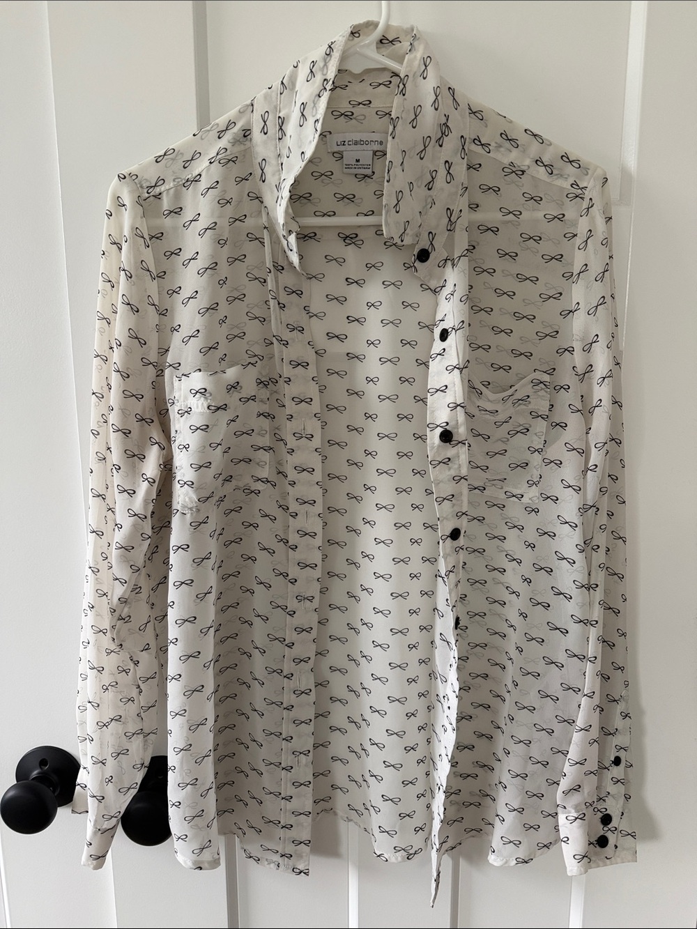 Liz Claiborne White Blouse with Black Bow Print